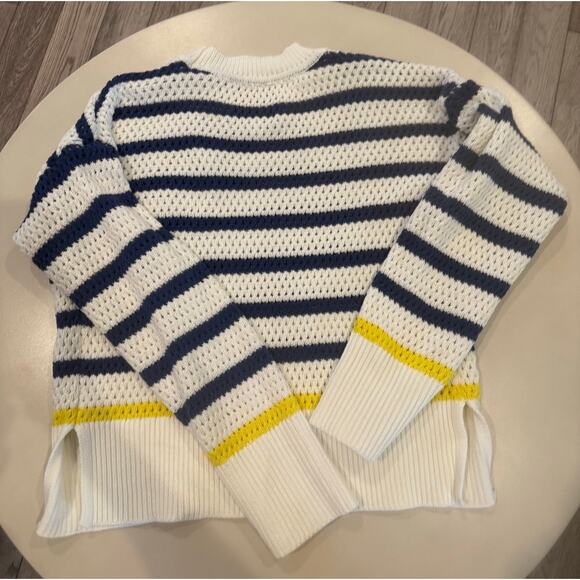 Kerri Rosenthal Knit Crochet Smiley Face Striped Sweater S Blue White Yellow - Picture 7 of 9